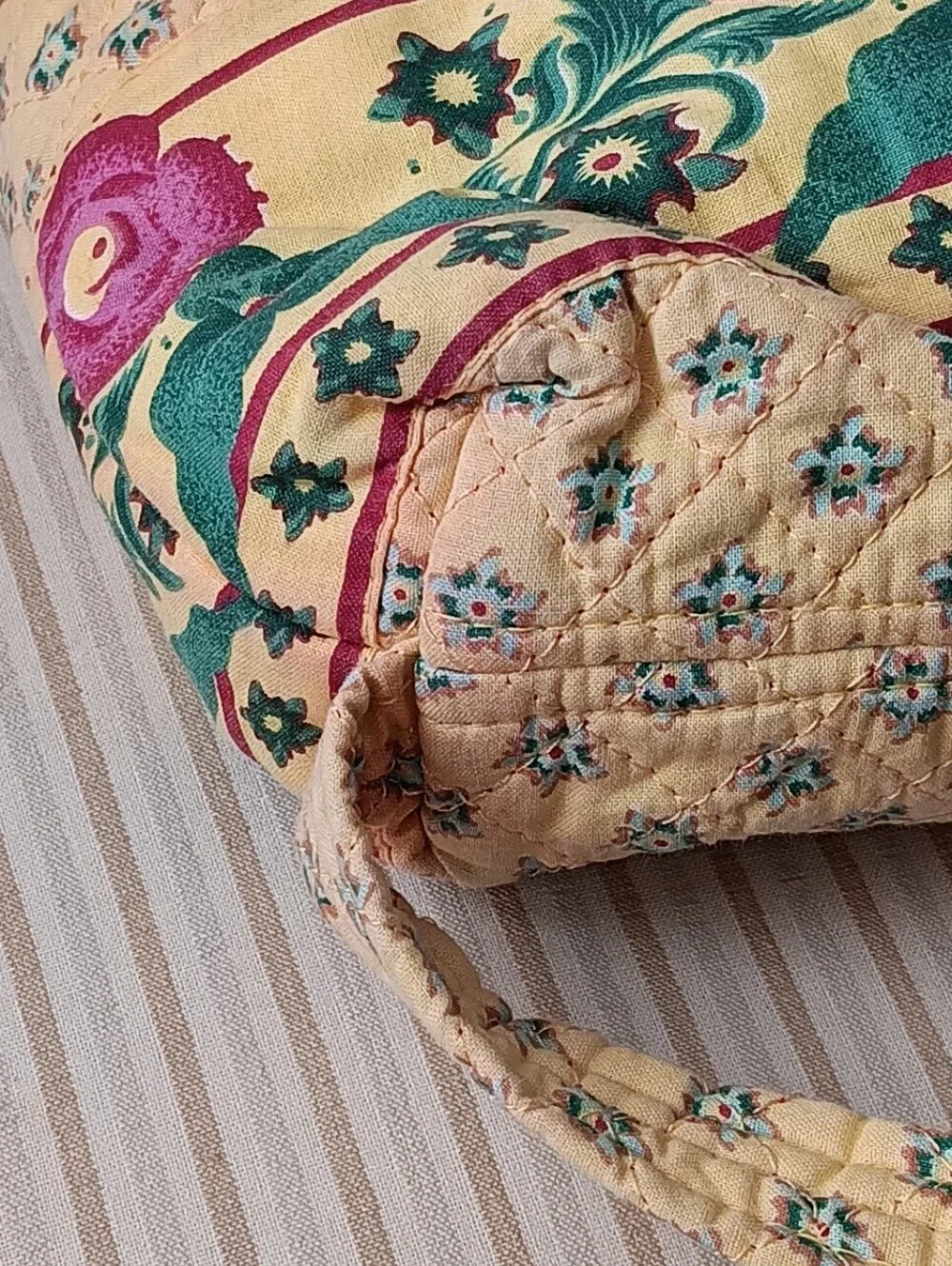 Vintage Yellow Quilted Floral Drawstring Backpack with Pink Accents